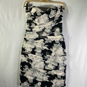 NWT Truly Zac Posen cream and gray floral on black strapless ruched dress